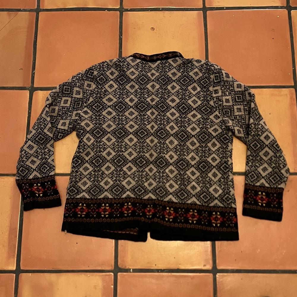 Vintage 1990s Skyr Abstract Pattern Broach Button Knit Cardigan Sweater - Picture 2 of 5